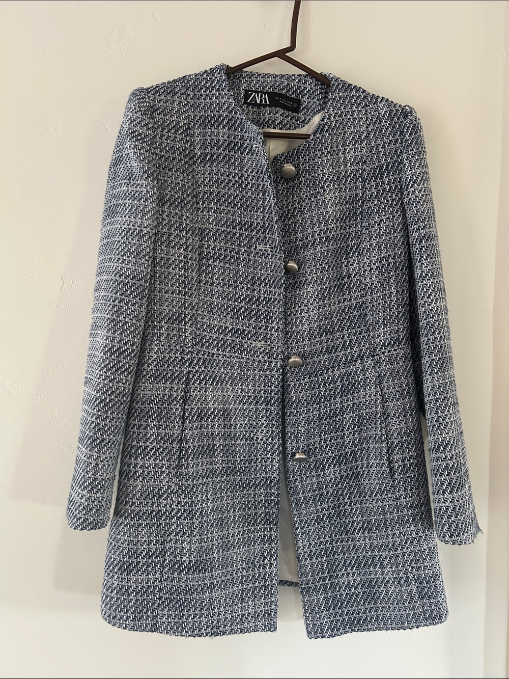 Zara Navy and White Tweed Collarless Coat